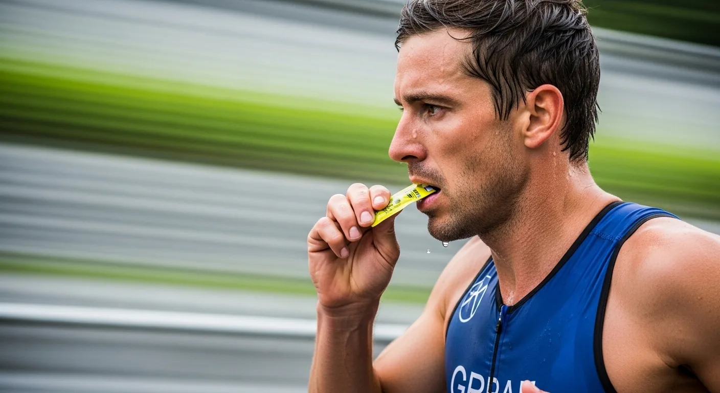 Triathlète ouvrant un sachet de gel énergétique avec les dents pendant la section course à pied d'un triathlon