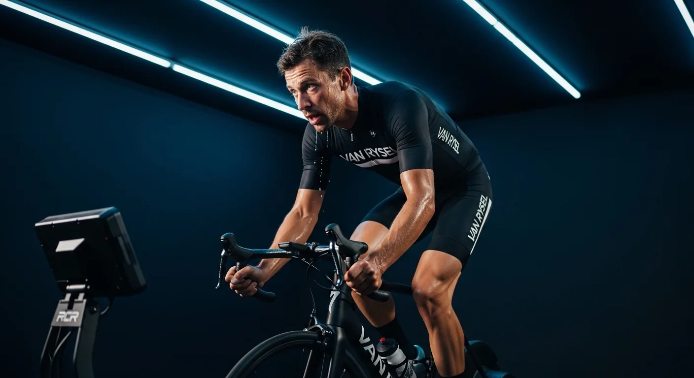 Cycliste en tenue de sport pédalant intensivement sur un Van Rysel RCR dans une salle d’entraînement sombre