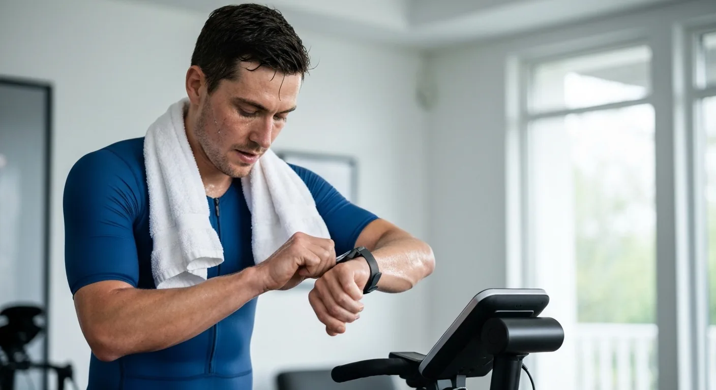 Triathlète vérifiant ses données de puissance sur sa montre après une séance de home trainer