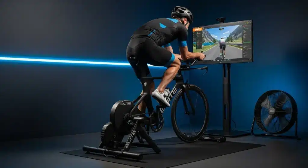 Triathlète en position aéro sur home trainer Elite Direto dans une salle d'entraînement avec Zwift à l'écran