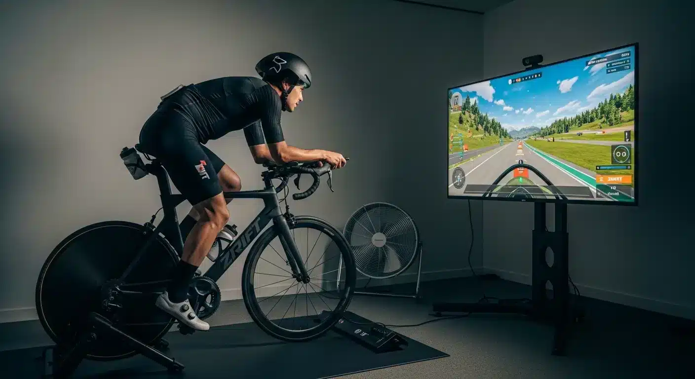 Triathlète en kit noir s'entraînant sur home trainer connecté dans une salle dédiée avec écran Zwift