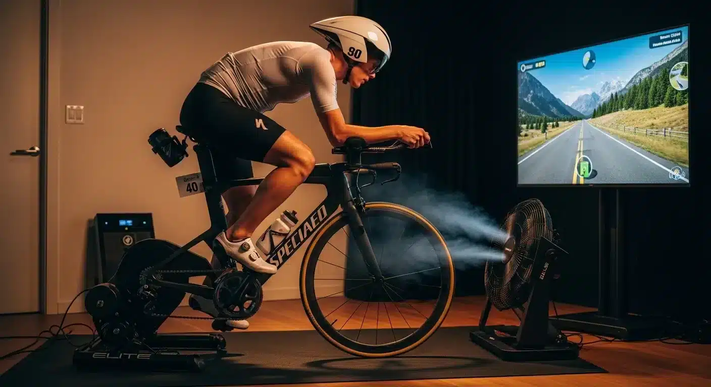 Triathlète en position aéro sur vélo de route avec prolongateurs sur home trainer Elite dans une salle d'entraînement