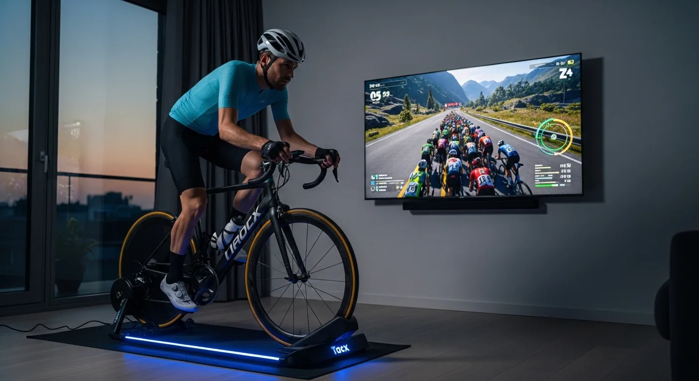 Cycliste pédalant sur un home trainer Tacx Neo dans un appartement moderne avec Zwift sur grand écran