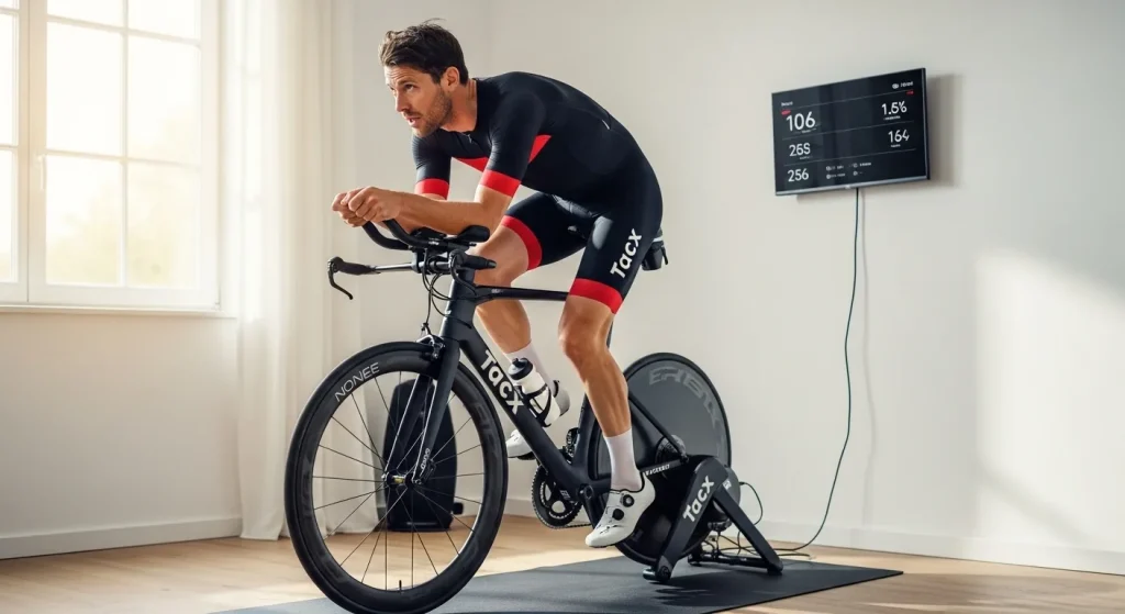 Triathlète pédalant sur un home trainer Tacx Neo dans une salle d’entraînement lumineuse