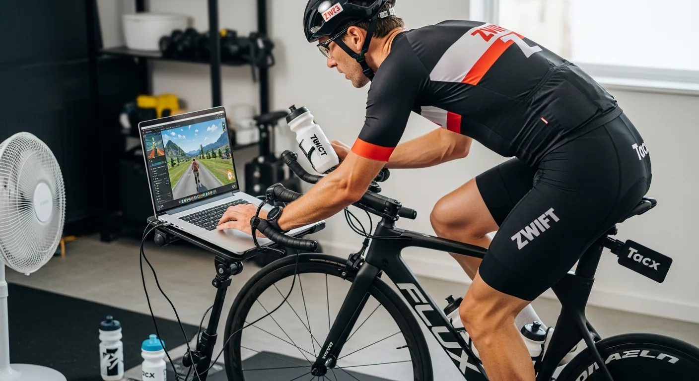 Triathlète consultant Zwift sur ordinateur tout en pédalant sur un home trainer Tacx Flux