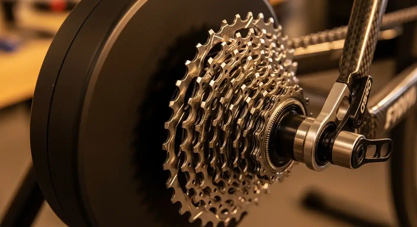 Détail du mécanisme de volant d'inertie d'un home trainer direct drive avec cassette montée