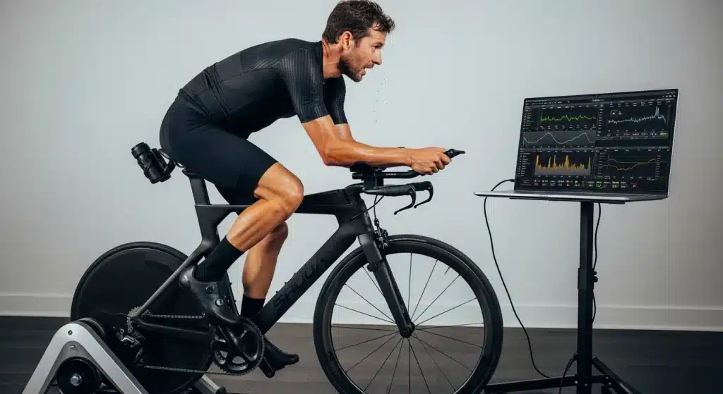 Triathlète pédalant sur un home trainer direct drive connecté dans son pain cave avec données d'entraînement affichées