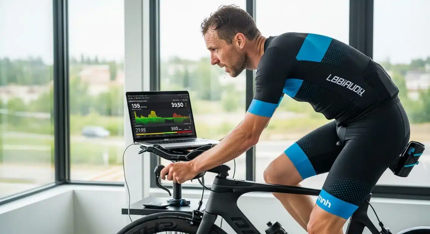 Triathlète en train de pédaler sur un home trainer direct drive dans un home gym lumineux