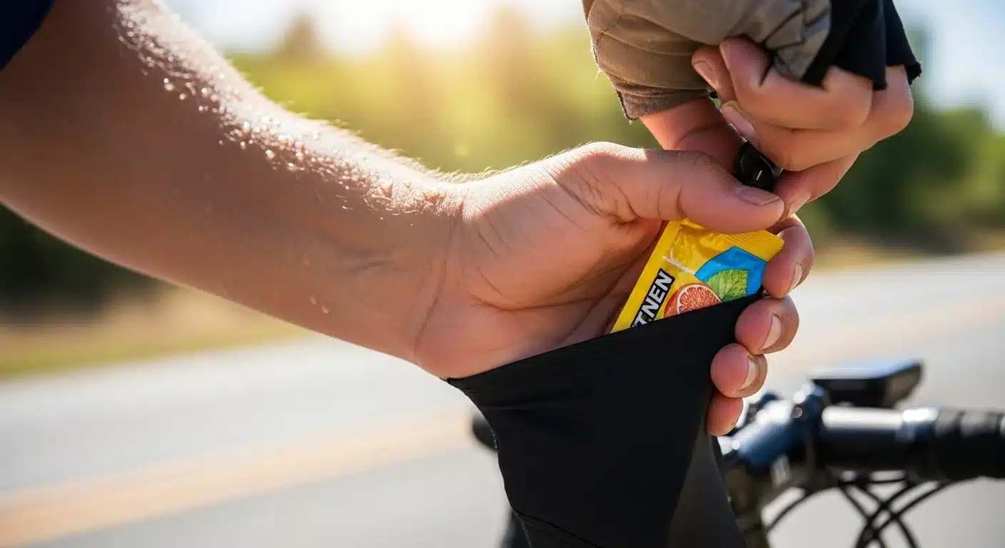 Main d'un triathlète saisissant un gel énergétique dans la poche de son maillot pendant le segment vélo