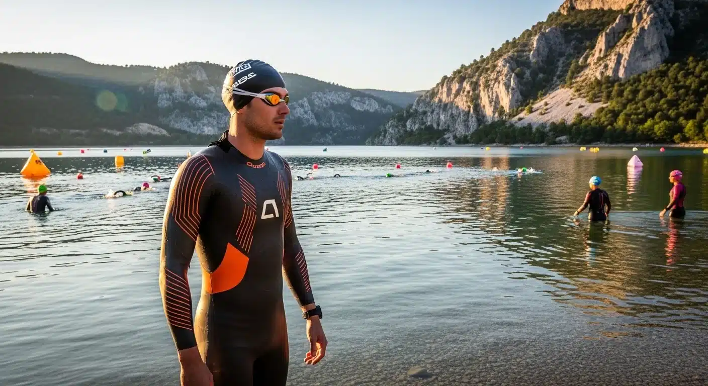 Triathlète en combinaison néoprène au bord du lac de Peyrolles au lever du soleil, avant le départ de la natation