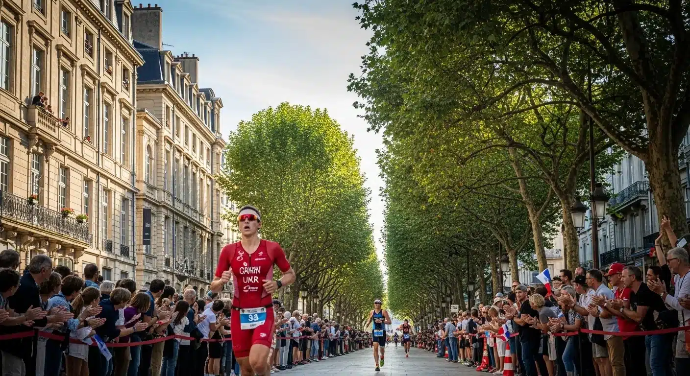 Triathlète en trisuit rouge courant sous les platanes d'un boulevard animé lors de la partie course à pied