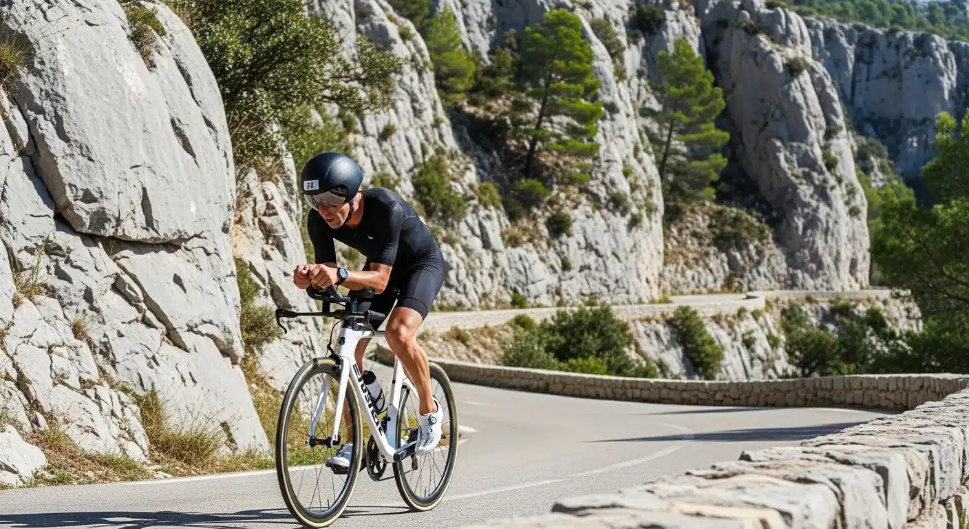 Triathlète sur vélo carbone en position aéro sur une route provençale sinueuse entourée de calcaire et pinède