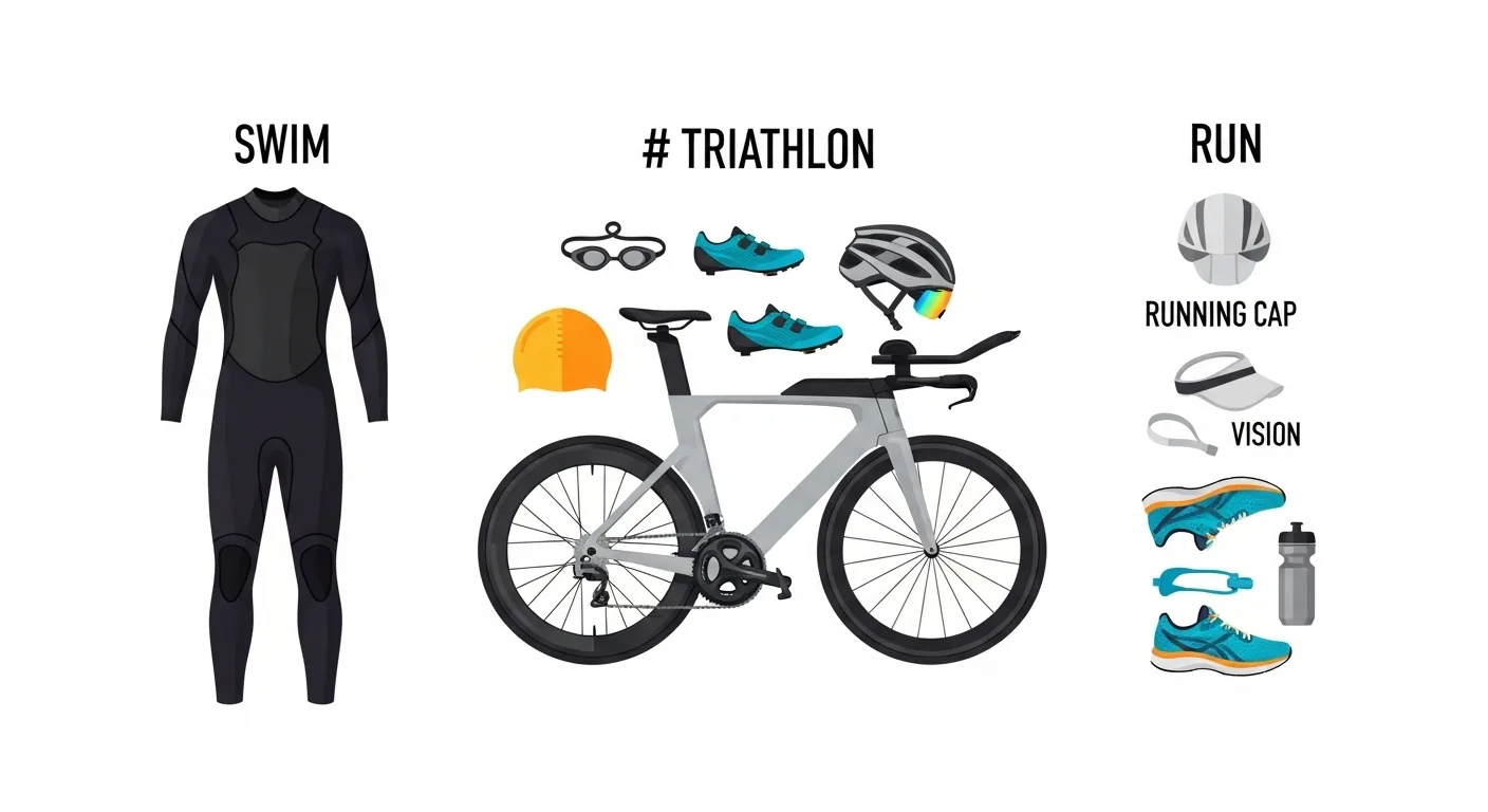 Équipement des trois disciplines d'un Ironman : natation, vélo, course à pied