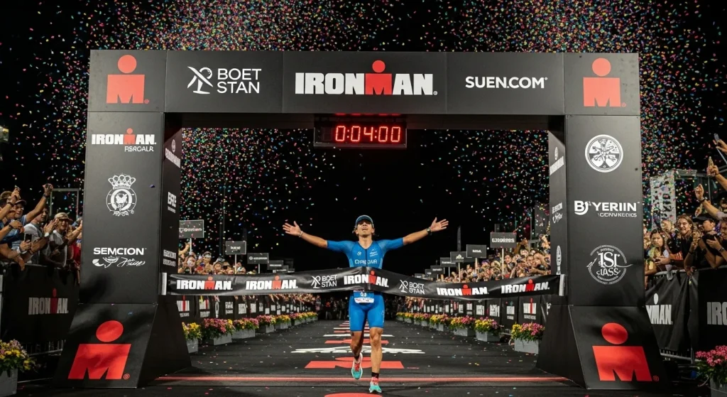 Triathlète franchissant la ligne d'arrivée d'un Ironman sous les lumières de nuit