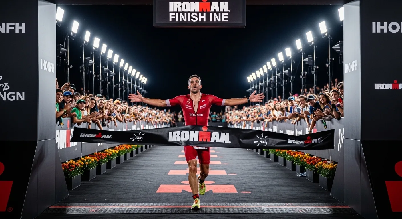 Triathlète franchissant la ligne d'arrivée d'un Ironman la nuit