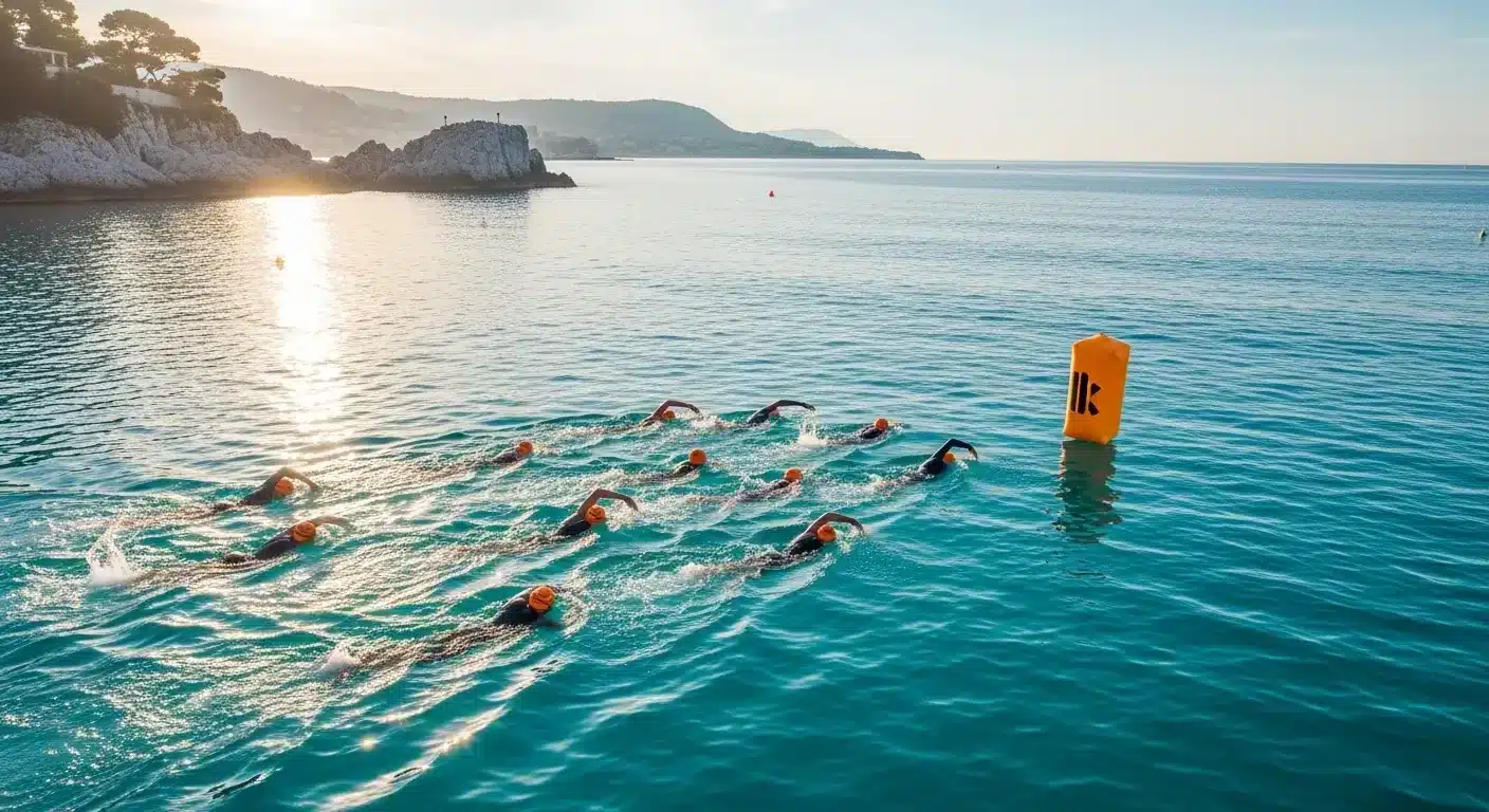 Des centaines de triathlètes nagent dans la Baie des Anges à Nice au lever du soleil lors de l'Ironman