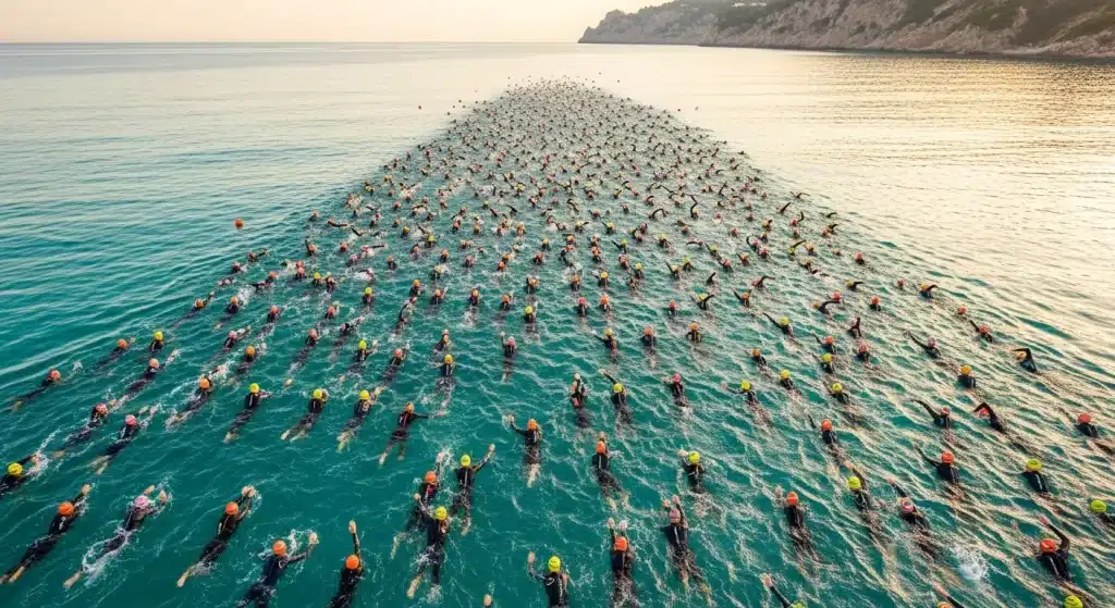 Des centaines de triathlètes en combinaison néoprène nagent dans la mer Méditerranée bleue au lever du soleil