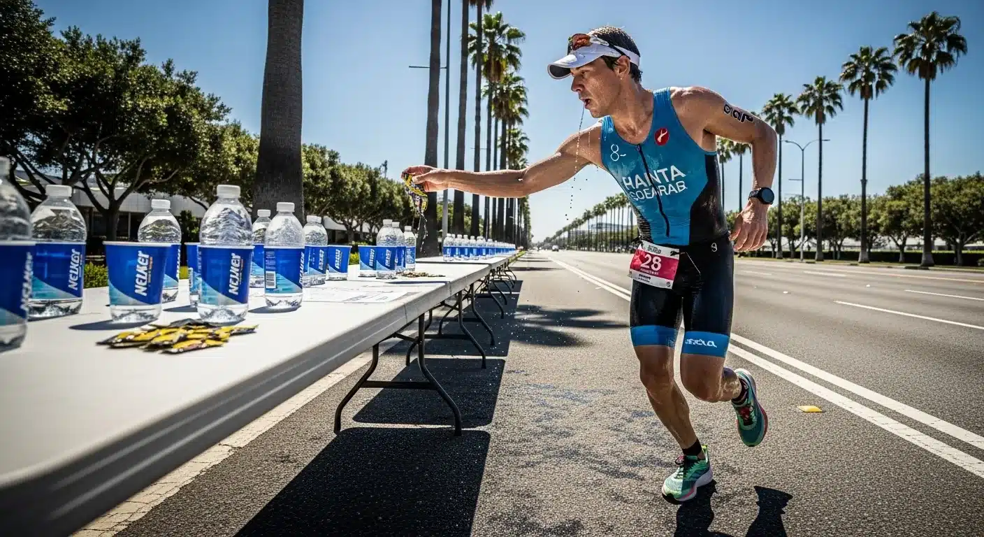 Triathlète se ravitaillant en eau et en gels énergétiques lors du marathon de l'Ironman Nice en plein soleil