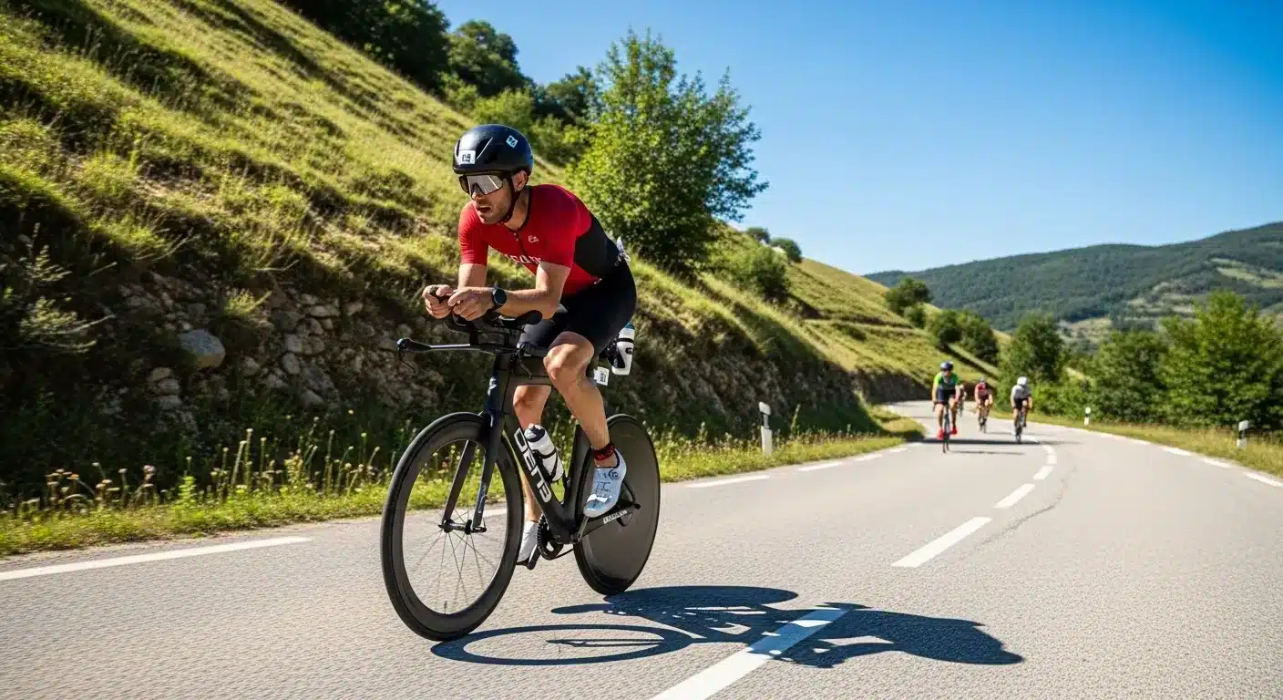 Triathlète en position aéro grimpant un col de l'arrière-pays niçois lors de l'Ironman Nice sous un soleil intense