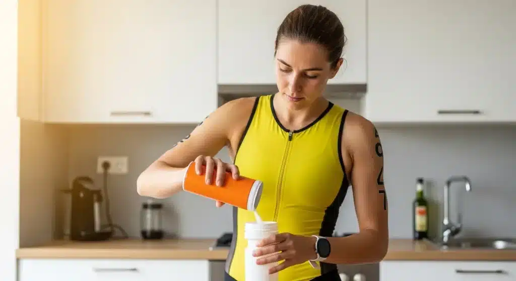 Triathlète préparant sa boisson sportive isotonique en poudre avant l'entraînement