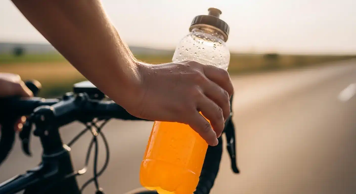 Main d'un triathlète tenant une gourde de boisson isotonique orange pendant une sortie vélo ensoleillée