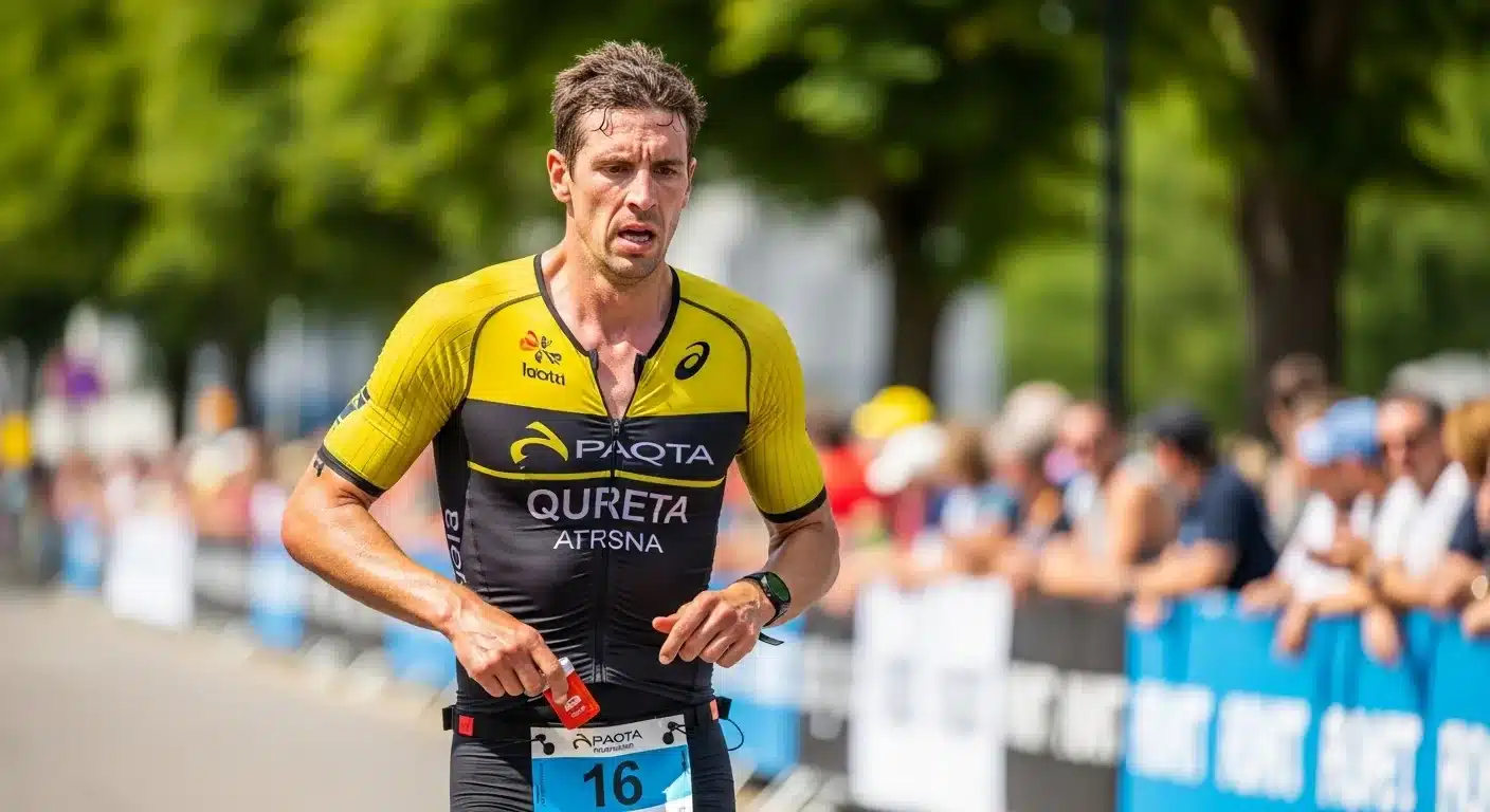 Triathlète en course à pied saisissant un gel nutritif sur sa ceinture de ravitaillement lors d'une compétition