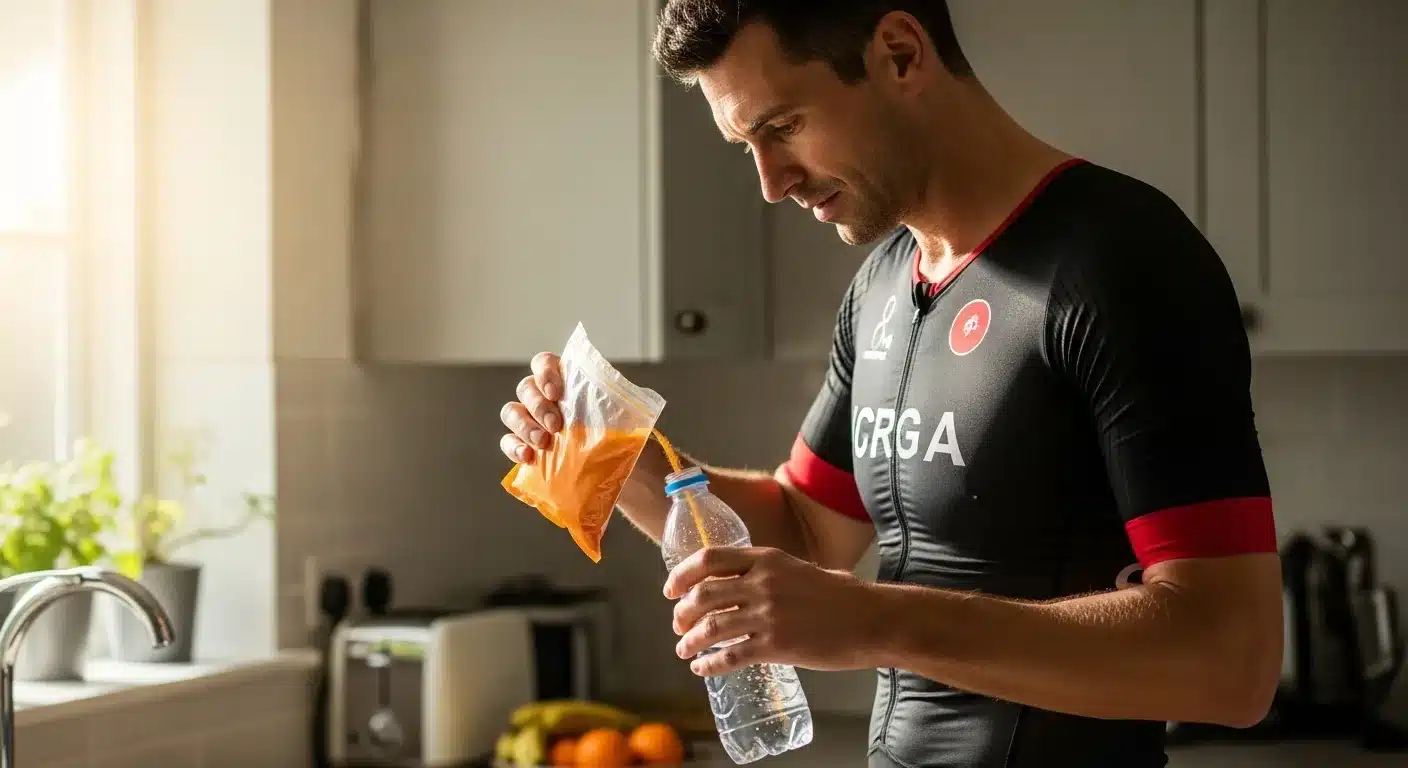 Triathlète masculin préparant sa boisson sportive en poudre orange dans la cuisine le matin
