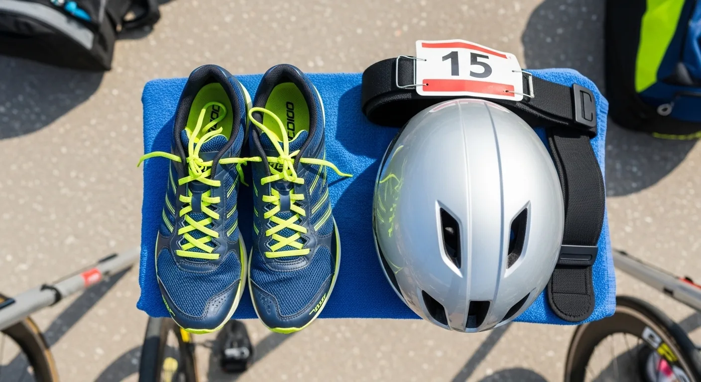 Chaussures de course avec lacets élastiques dans la zone de transition d'un triathlon, vue de dessus