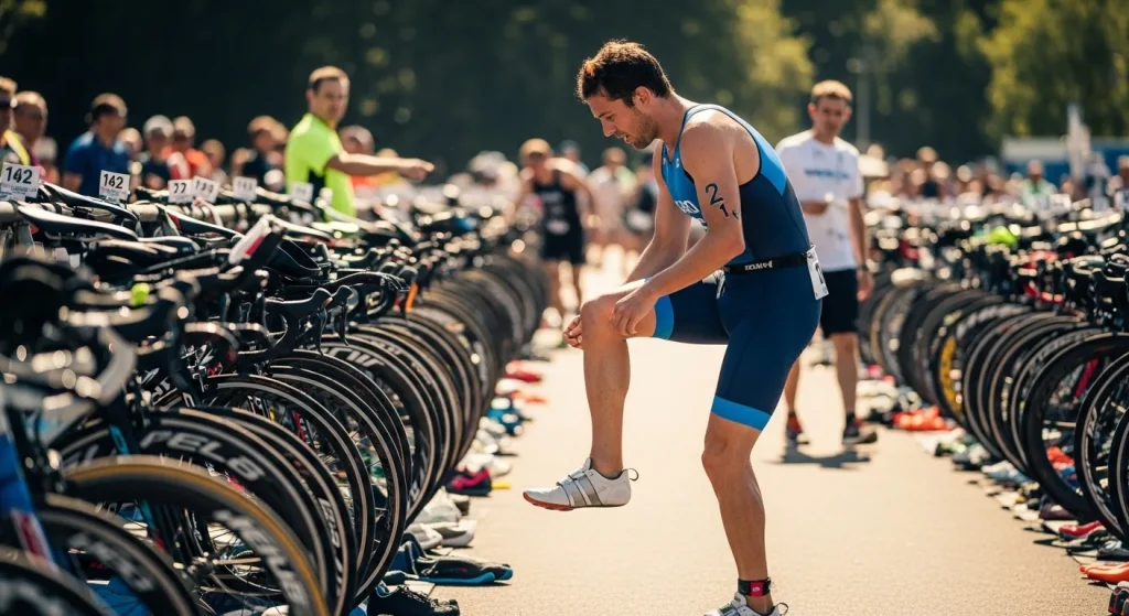 Triathlète enfilant ses chaussures de course avec des lacets élastiques en zone de transition T2