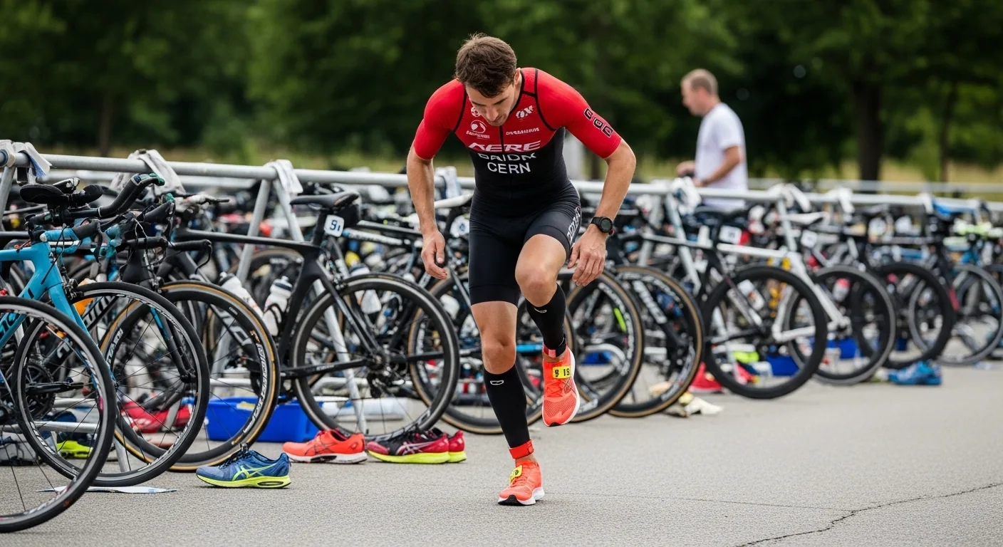 Triathlète enfilant ses chaussures de course en zone de transition T2 lors d'une compétition