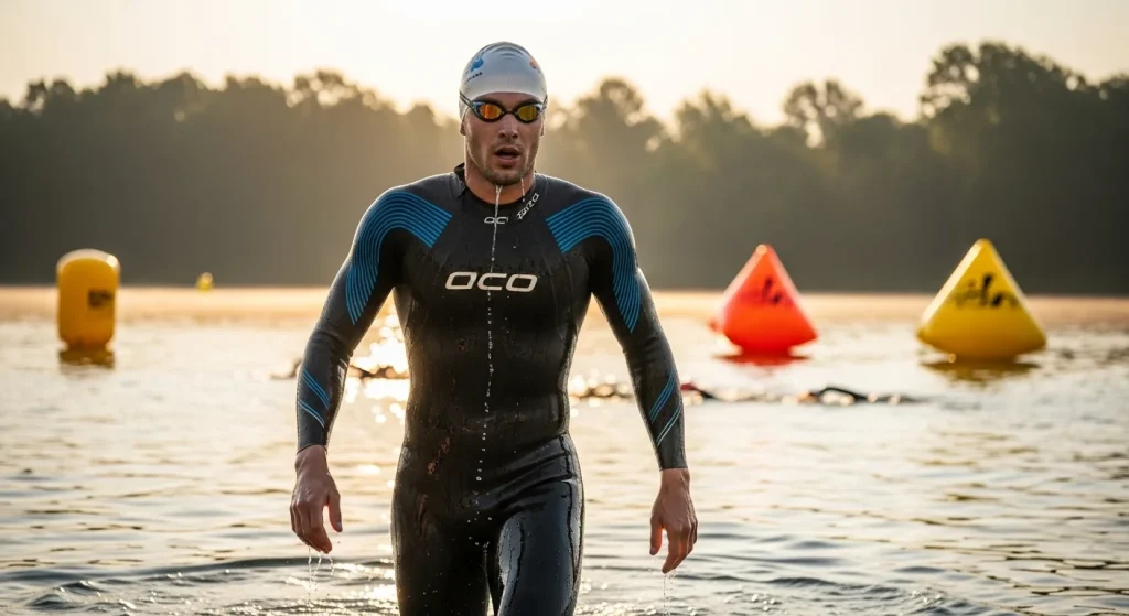 Triathlète en combinaison néoprène sortant de l'eau après la natation en eau libre