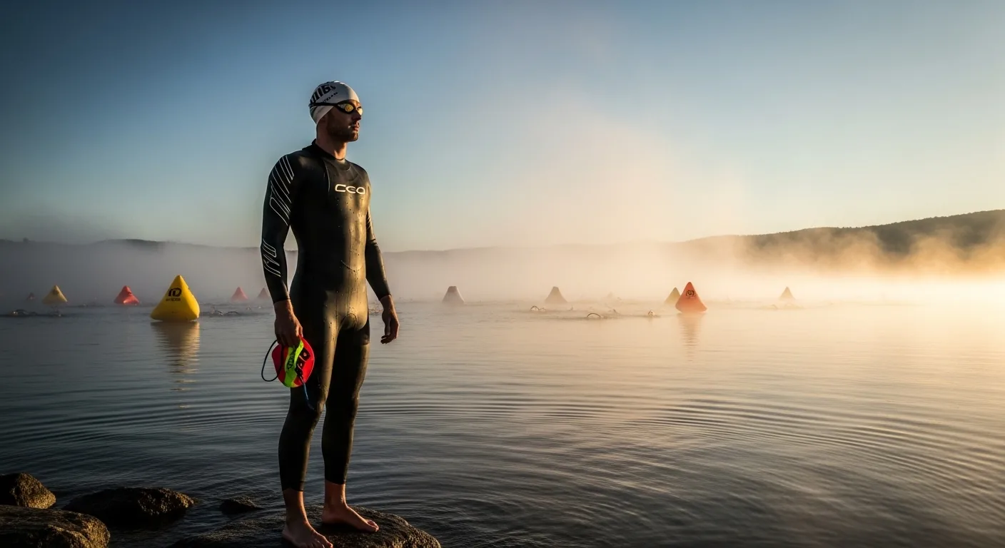 Triathlète en combinaison néoprène noire au bord d'un lac au petit matin avant une compétition
