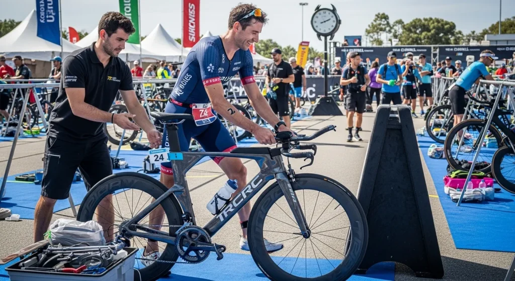 Triathlète recevant un vélo TT de location d'un mécanicien au village d'une course Ironman