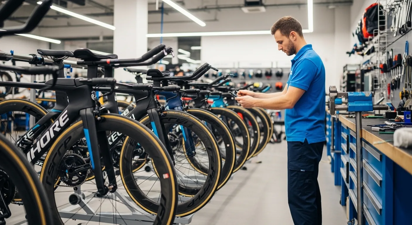 Mécanicien réglant un vélo de triathlon TT dans une boutique de location spécialisée avec plusieurs modèles en rang