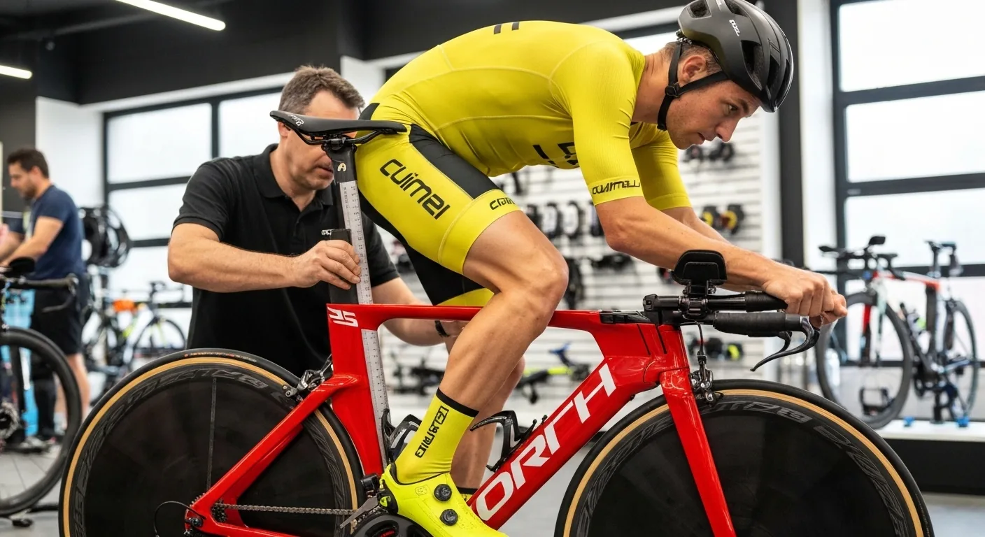 Spécialiste en bike fitting réglant la hauteur de selle d'un triathlète sur un vélo TT dans une boutique triathlon