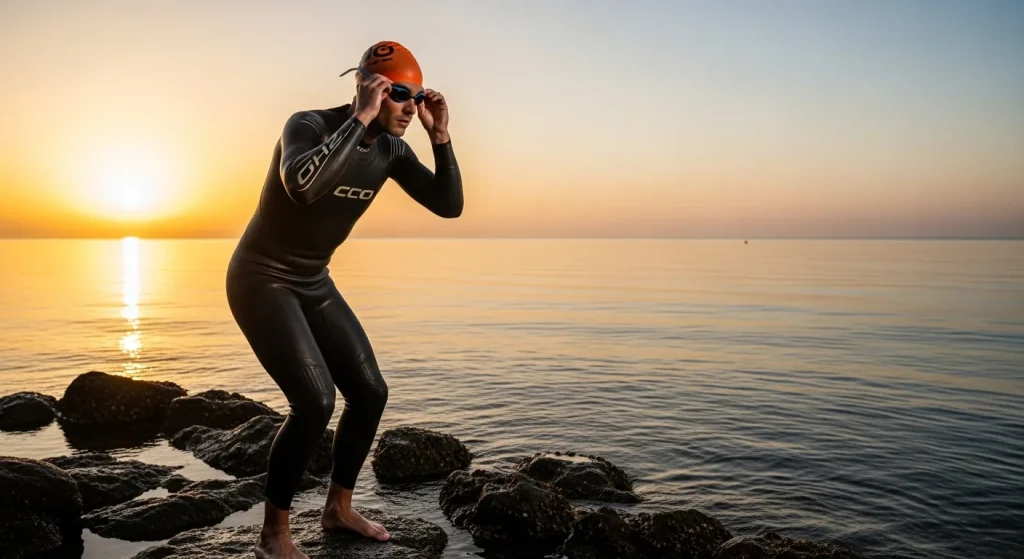 Triathlète en combinaison néoprène enfilant ses lunettes de natation miroir au bord d'un lac à l'aube