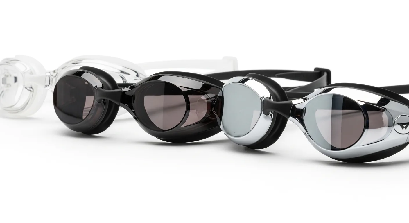 Trois paires de lunettes de natation avec verres transparents teintés et miroir présentées en comparatif sur fond blanc