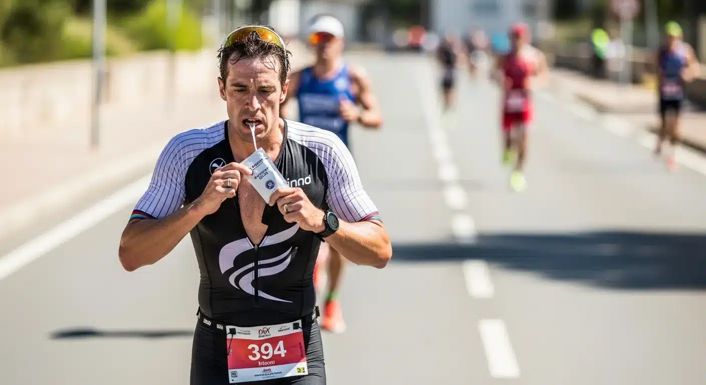 Triathlète ouvrant un gel énergétique lors d'un triathlon longue distance par beau temps