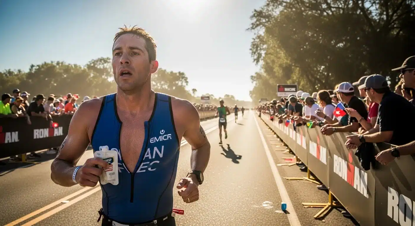 Triathlète prenant un gel énergétique pendant la partie course à pied d'un Ironman par temps chaud