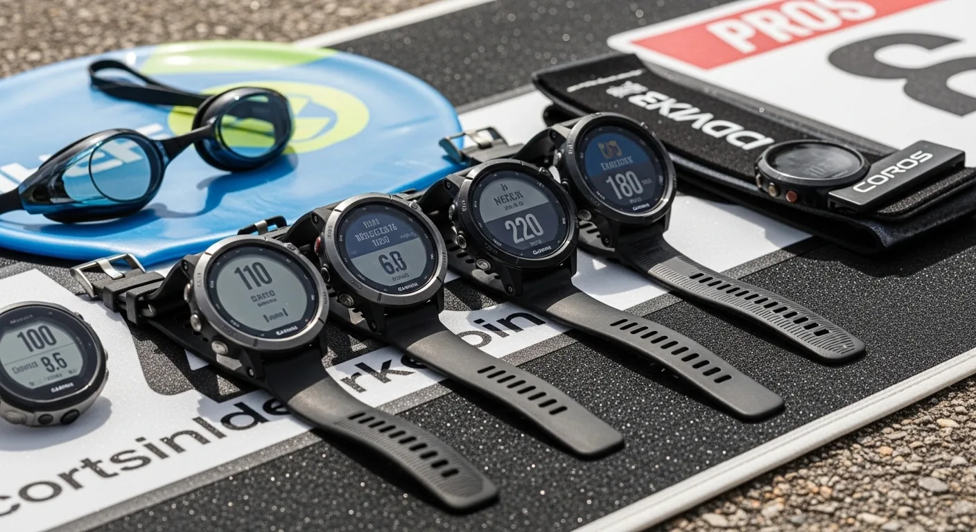 Plusieurs montres GPS triathlon Garmin et Coros disposées sur un tapis de transition avec équipement de natation