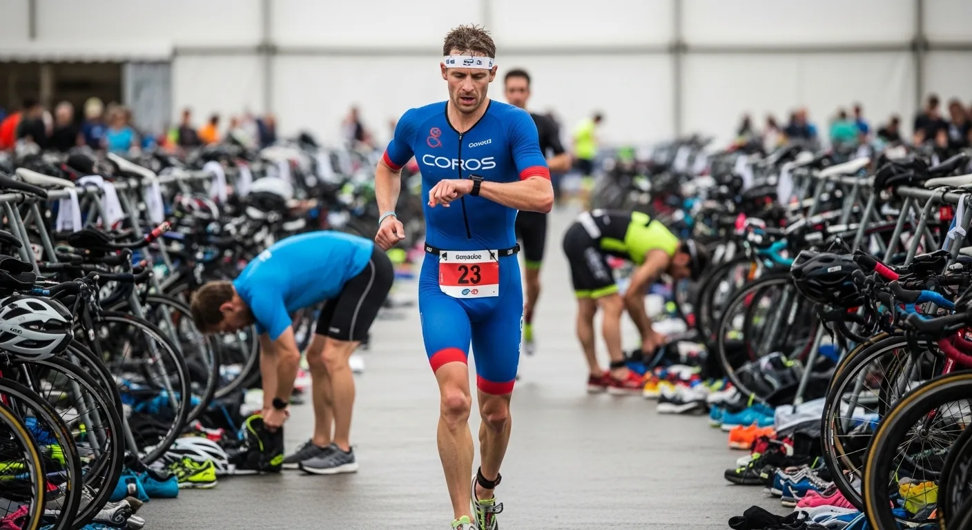 Triathlète consultant sa montre GPS en trottinant dans la zone de transition lors d'une course