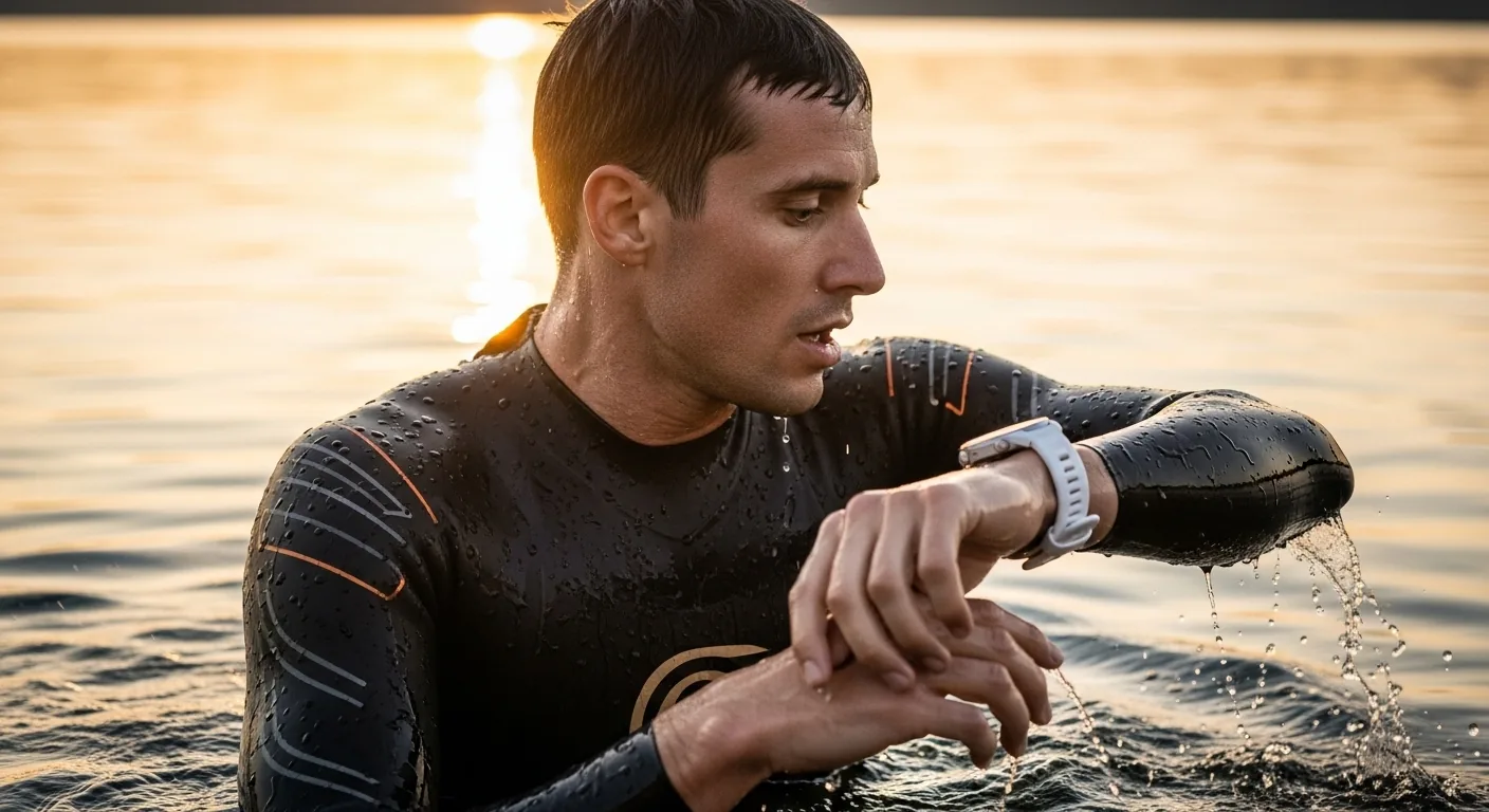 Triathlète en combinaison néoprène vérifiant sa montre GPS légère à la sortie de l'eau en lac