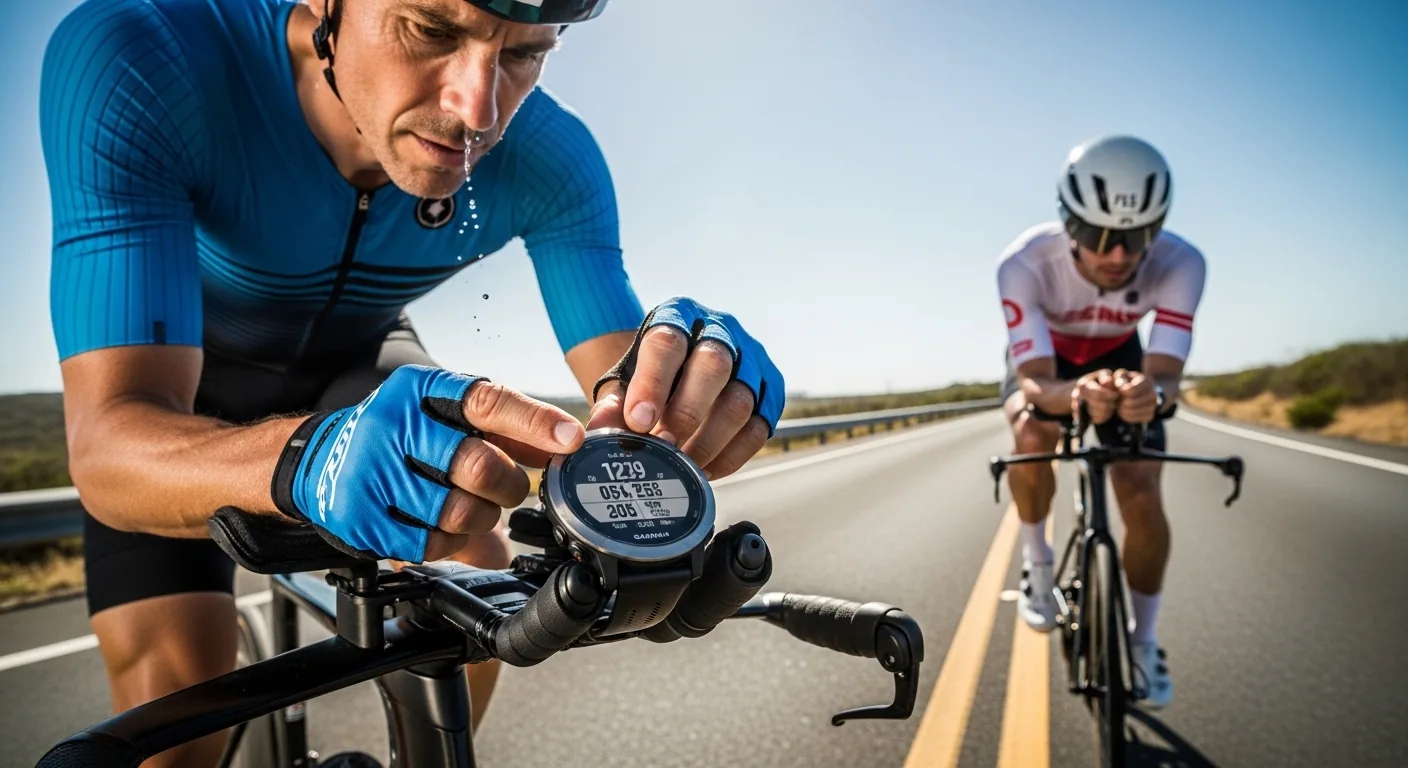 Triathlète en tenue vélo consultant sa montre GPS Garmin sur son guidon en pleine course