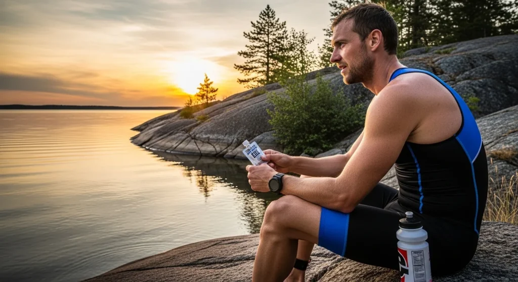 Triathlète assis au bord de l'eau avant un départ natation tenant un gel énergétique et une bouteille de boisson isotonique