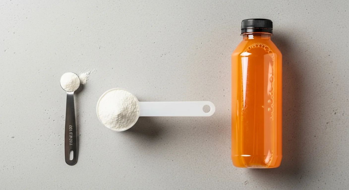 Poudre de boisson isotonique Decathlon avec doseur et bouteille d'eau préparée pour l'effort endurance
