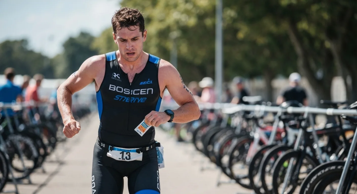 Triathlète en trifonction courant en zone de transition et prenant un gel énergétique plat sur sa ceinture porte-dossard
