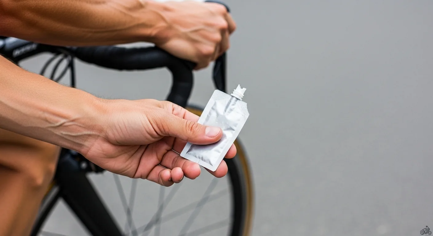 Triathlète tenant un sachet gel énergétique plat pendant la phase vélo en compétition sur route