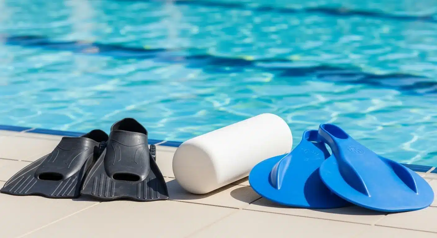 Équipement de natation disposé au bord du bassin : palmes courtes, pull buoy et plaquettes de natation