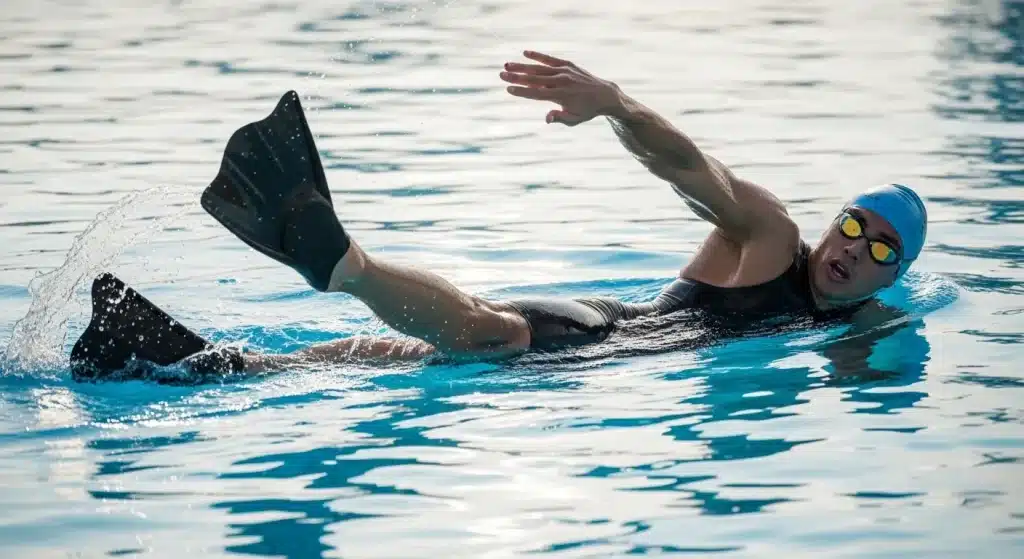 Triathlète portant des palmes courtes en silicone lors d'une séance de natation en piscine
