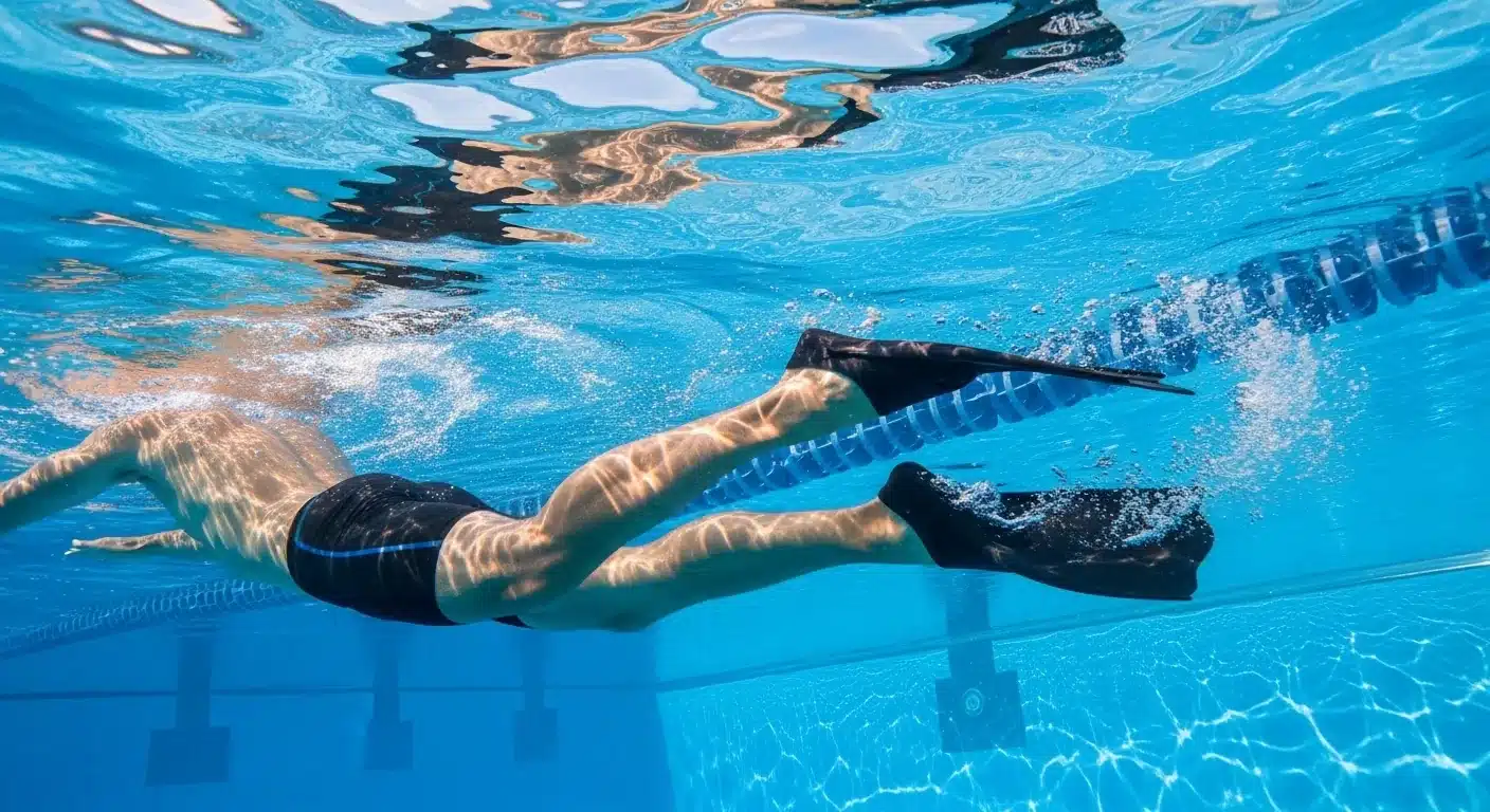 Nageur en piscine portant des palmes courtes en caoutchouc lors d'un exercice de battements de jambes
